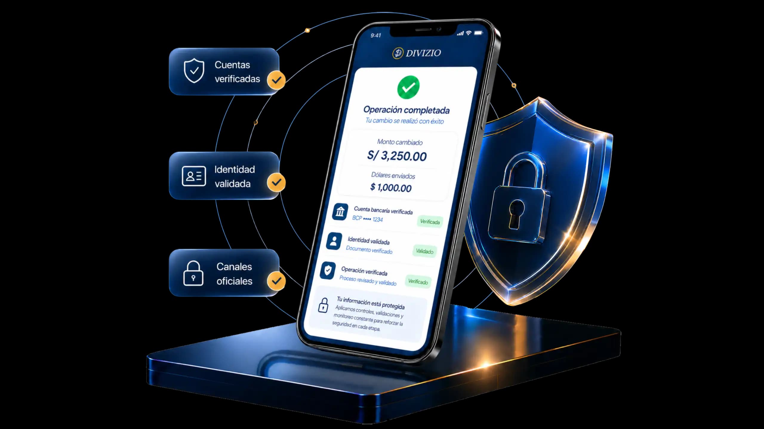 Operación completada en la app Divizio con controles de seguridad verificados